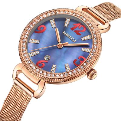 China Wholesale NIBOIS 2317 Luxury Automatic Date Women Watch Ladies Wristwatch Fashion Gold Alloy Strap Waterproof Quartz Watches for sale