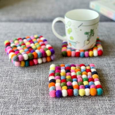 China Viable Drinks Cup Coaster Round Tripod Square Handmade Table Mat Rainbow Felt Ball Tea Coaster Heat Resistant Wool Felt Coaster for sale