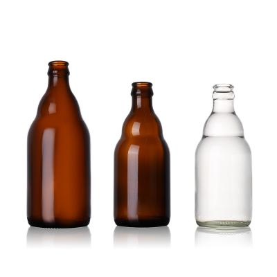 China Beverage JO Customized Logo Pot-Bulked Amber Brown Beer Glass Bottles For Spirits Wine With Crown Cap for sale