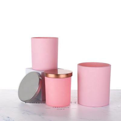 China Gift & Wholesale Craft JO Stocked 7.5oz 10oz 16oz Matte Pink Modern Simplicity Empty Glass Candle Jar With Coaster Lids for sale