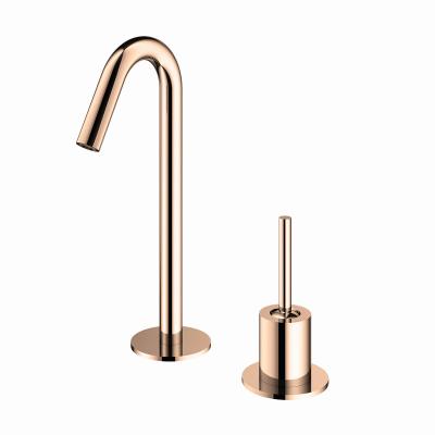 China Modern Brass Metered Faucets Deck Mounted 360 Rotatable Rose Gold Faucets For Bathroom Faucets for sale