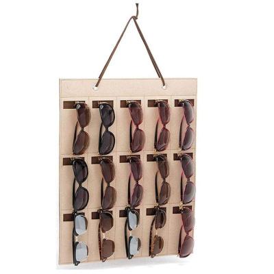 China Fashion Sunglasses Eyewear Storage Wall Pocket 15 Slots Hanging Two Color Pocket PU Leather Felt for sale