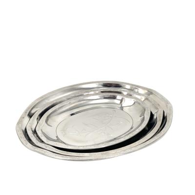 China Eco-friendly Metal Serving Tray Stainless Steel Food Grade Tray Oval BBQ Buffet Tray for sale