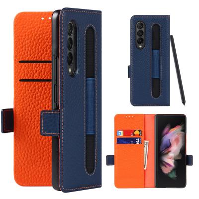 China Anti-drop FOLD3 Anti-drop buckle lychee with pen pocket case Samsung Z FOLD3 leather protective mobile phone case for sale