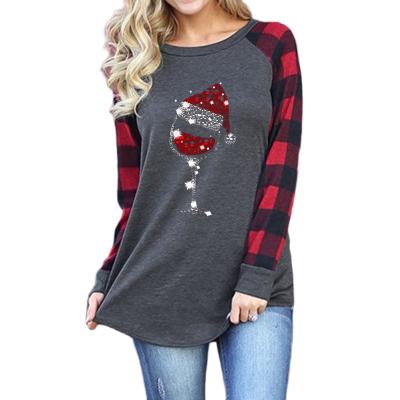 China Sustainable Glass Christmas Hat Red Wine Pattern Printed Round Neck Long Sleeve T-Shirt for sale