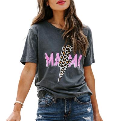 China Anti-Wrinkle MOM Leopard Print Round Neck Short Sleeve T-Shirt for sale