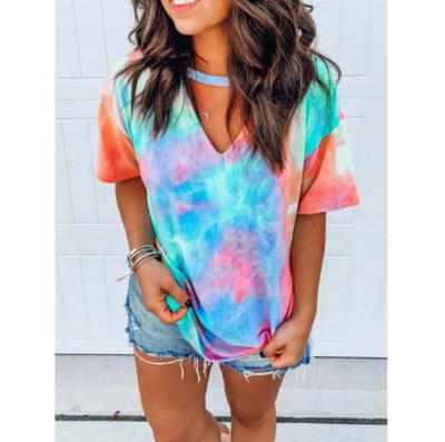 China Sustainable Hollow Out T Shirt Tie Dye Tops Tee Women Summer Short Sleeve for sale