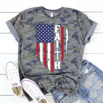 China Anti-Wrinkle American USA Flag Hear Print Fashion Womens T Shirt Striped Casual Top for sale