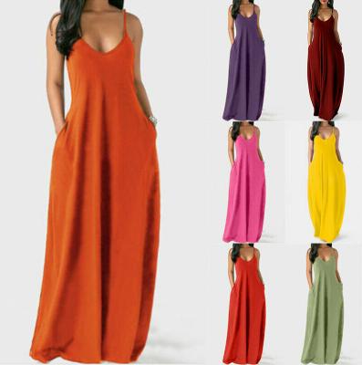 China Summer Women V-Neck Long Pocket Casual Sleeveless Dress Viable Loose Party Maxi Dress for sale