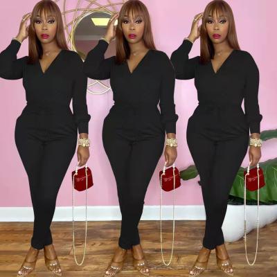 China 2022 autumn new women's anti-pilling fashion solid color V-neck sweater tie splicing thin casual overalls for sale