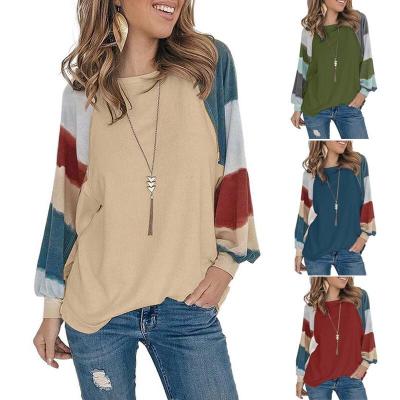 China Wholesale 2021 Anti-wrinkle Women's Spring Clothes Color Block Casual Fashion Pullover Collar Lantern Sleeve Loose Round Long T-shirt for sale