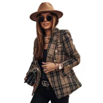 China 2021European Anti-wrinkle women fashion fall/winter lapel casual coat print plaid classic blazer for sale