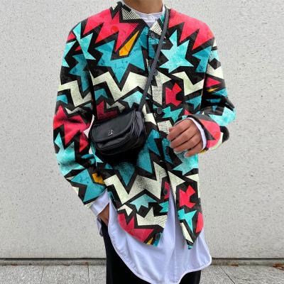 China 2022 hot sale fashion breathable plus size men's turn-down loose collar print top knit jacket men's casual all-match coat for sale