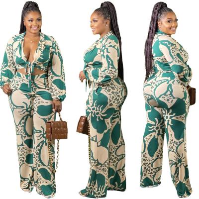 China Trending viable products 2021new arrivals fashion casual geometric leopard print plus size women wide leg pants set for sale