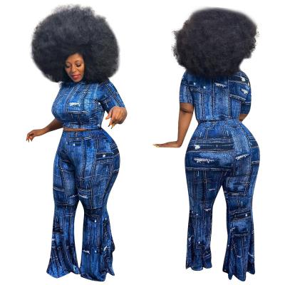 China Sustainable Fall Plus Size Women Clothing Shorts Sleeved Pants Denim Print Pants Two Piece Set for sale