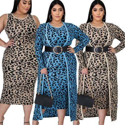 China Plus Size Women Fall Sleeveless Leopard Print Casual Cardigan Long Clothing Jacket +Dress Set for sale