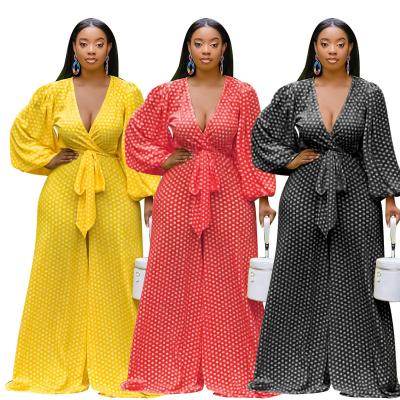 China Fall 2021 Women's Clothing Women's Clothing Loose V-Neckline Loose Bubble Polka Dot Long Waist Plus Size Overalls for sale