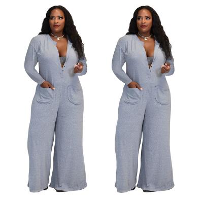 China 2021 Autumn Viable Women Gray Plus Size Pocket Long Sleeve Button Up Casual Overalls Wide Leg Lounge Wear Soft Overalls for sale