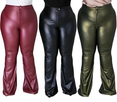 China Fall 2021 Sustainable Plus Size Women Clothing Stretch PU Leather Top Flared Leather Plus Size Womens Pants And Trousers for sale