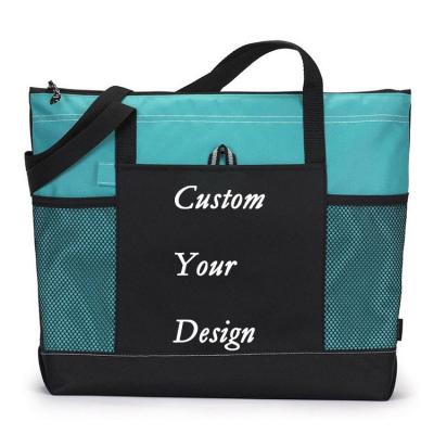 China 2022 Other Great Promotional Travel Reusable 600D Polyester Beach Tote Shopping Bag With Mesh Pockets And Custom Printed Logo for sale