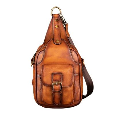 China Fashion One Shoulder Leather Handcrafted Multi-Function Leisure Multi-Function Leather Chest Bag Men Top Layer Leather Vintage Diagonal Bag for sale