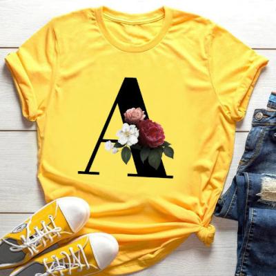 China Fashion trend 26 English letters black women's casual yellow T-shirt short sleeve QUICK DRY printing simple and flexible for sale