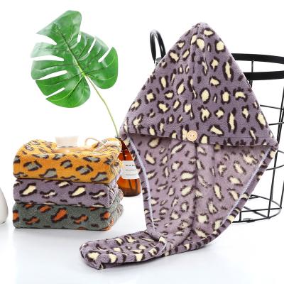 China QUICK DRY Coral Print Coral Fleece Leopard Wrap Turban Bath Shower Hair Quick Drying Towel With Buttons for sale