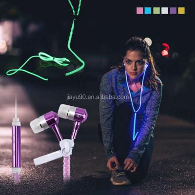 China In-Ear Zipper Headphones Glowing Luminous Light Weight Earbuds With Microphone For iPhone 6spiston Pro Earbuds Glow In The Dark for sale