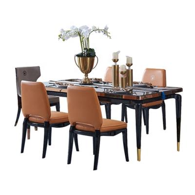 China Durable Luxury European Uzbekistan Style Rectangle Wood Carved Dining Table Marble Table Set With 6 8 10 Seaters Chairs for sale