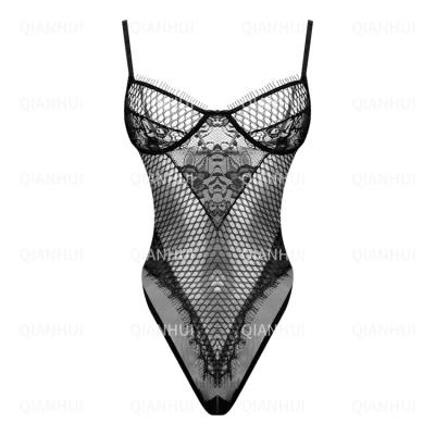 China 85% Polyester +15% Spandex Lingerie One Piece Lingerie Women Sexy Sheer Floral Lace Jumpsuit for sale