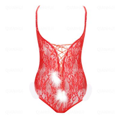 China 85% Polyester +15% Spandex Red Sexy Lingerie Bodysuit Spaghetti Strap Hollow Lace Woman Sexy Bodysuits for sale