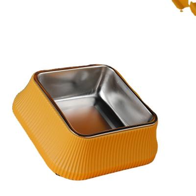 China Durable Solid Color Striped Square Round Non-Slip Feeder Separate Large Stainless Steel Pet Bowl Water Cat Food Bowl for sale