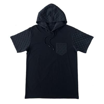 China Anti-wrinkle T-shirt With Hood - Simple Black Color T-shirt With Hoodie And Chest Pocket Summer Fabric Splice Wholesale Good Quality T-shirt for sale