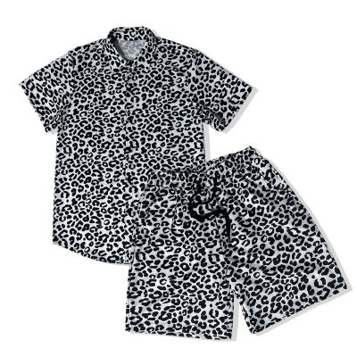 China QUICK DRY Summer Men's Black/White Leopard Print Short Sleeve Shirt Elastic Waist Shorts 2Pcs Set Casual Outfits for sale