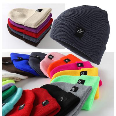 China Custom Winter Logo Woven Label Unisex Acrylic Knitted Beanie Hat for sale