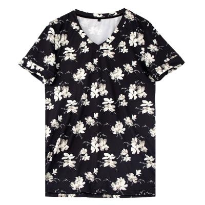 China Anti-wrinkle women side floral print split v-neck sublimation polyester spandex custom t-shirt for sale