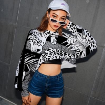 China Custom Women Leopard Polyester Anti-wrinkle Print Long Sleeve Crop T-Shirts for sale