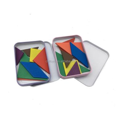 China Educational Toy Colorful Tangram Toy Wooden Puzzle 7 Pieces Puzzle In Tin Box for sale