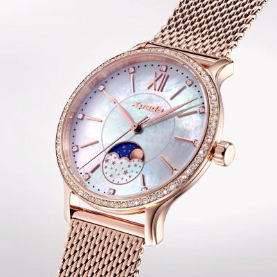 China Moon Phase TIMEBOX TC798A1 Stainless Steel Quartz Analog SS Mesh Band Moon Phase Dial Curved AR Mineral Glass Watch For Lady for sale