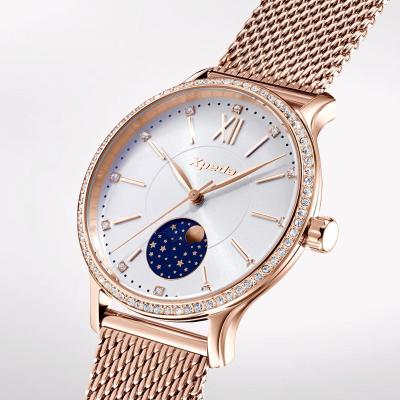 China Moon Phase TIMEBOX TC798B1 Stainless Steel Quartz Mesh Band Pearl Oyster With Moon Phase Dial Curved AR Mineral Glass Watch For Lady for sale