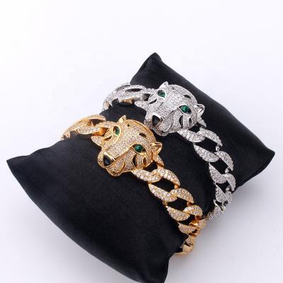 China New Design Panther Main Cuban Bracelet Mens Hip Hop Link Hip Hop Jewelry Miami 18K Gold Plated Brass Iced Out Cuban Charm Bracelet for sale