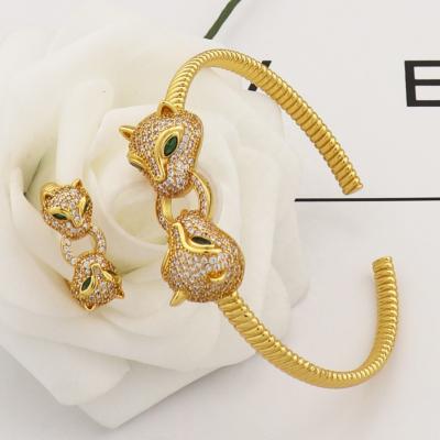 China Fashion Brass Jewelry Panther Bracelet Rings Jewelry Set 18K Gold Plated With Zircon Panther Bracelet Set for sale