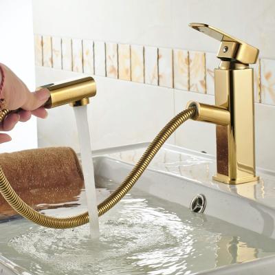 China Without Slide Bar Gold Hot and Cold Water Bathroom Faucet Luxury Single Handle Waterfall Basin Faucets Pull Out Basin Faucet for sale