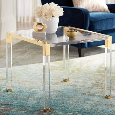 China Extendable Modern Gold Steel Leg Stand Up Home Furniture Sofa Table Cocktail Side Table Coffee Clear Acrylic Dining Table Large For Living Room for sale