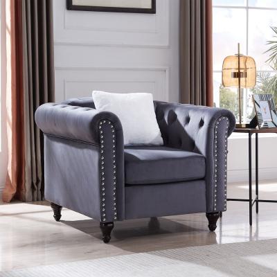 China 2022 Transitional New Modern Sofa Chair, with Copper Button and Nail on Armrest and Tile for Living Room Bedroom Gray Couch Chair Sofa for sale