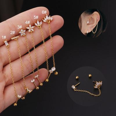 China FASHIONABLE YW New Arrival 20G CZ Flower Crown With Helix Chain Ear Lobe Earring Stud Cartilage Double Hole Piercing Jewelry for sale