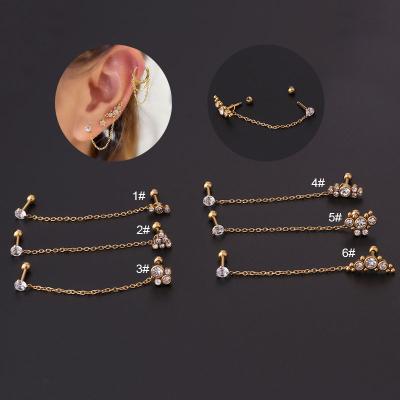 China YW 16G TRENDY Stainless Steel CZ And Helix Chain Separable Lobe Double Ear Hole Stud Piercing Earrings For Women for sale