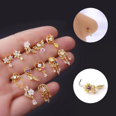 China Fashionable Stainless Steel YW Nostril Piercing Crystal L Nose Jewelry Stud Hooks L Shape Crystal CZ Nose Ring for sale