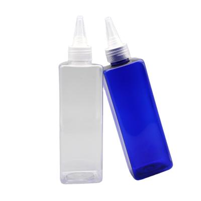 China 250ml Long Plastic Cosmetic Clear Square Clear Pointed Mouth Bottle PET Personal Care 250ml Long Liquid Empty PET Packing Bottle for sale