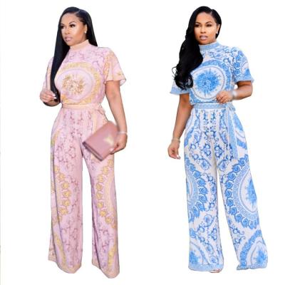 China Anti-wrinkle custom 2021 new design summer shorts sleeve vintage printed romper wide leg overalls for women for sale